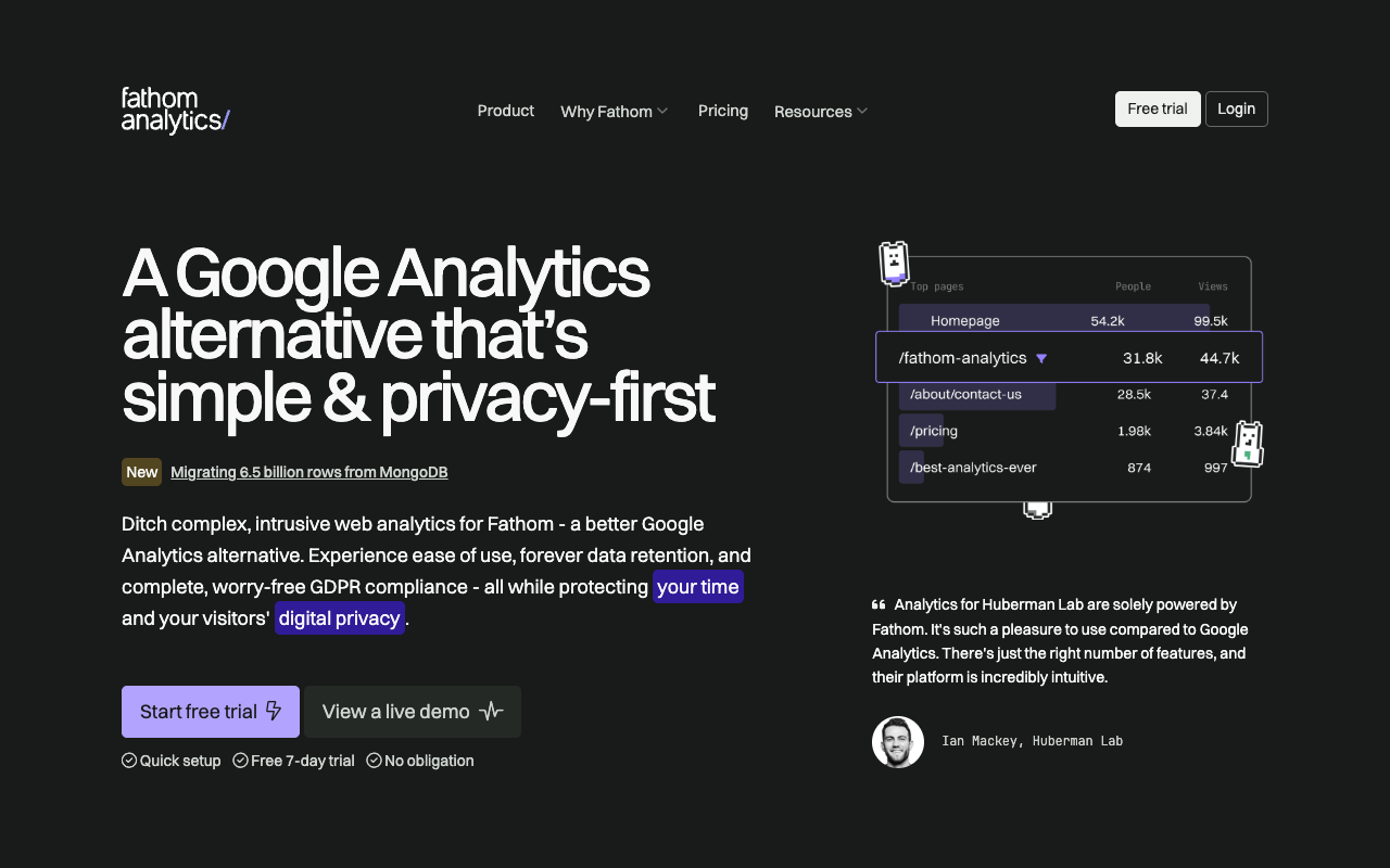 Fathom Analytics homepage presenting its privacy-first website analytics