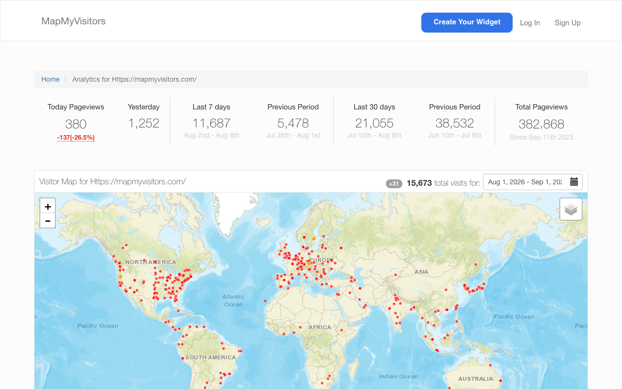 MapMyVisitors widget showing a world map with visitor location dots and visit totals