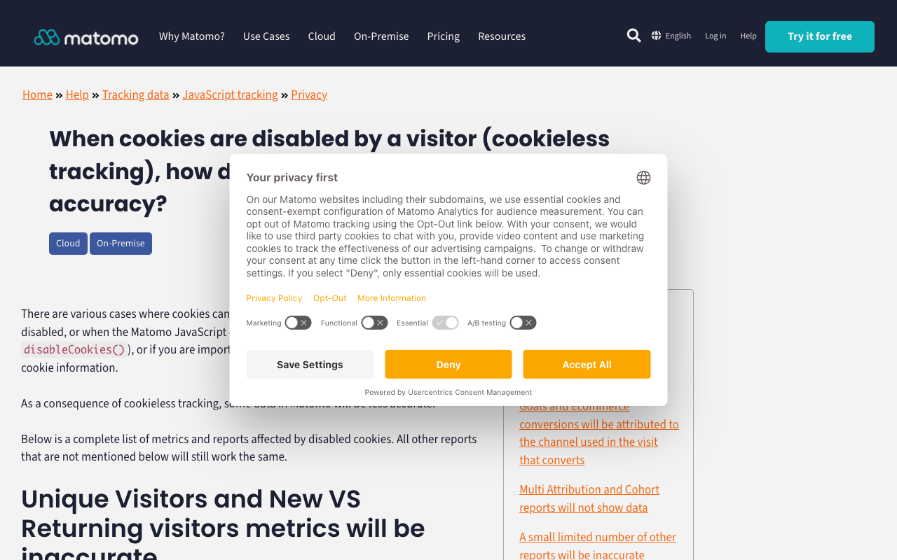 Matomo FAQ page explaining how to use disableCookies for cookieless tracking and its accuracy impact