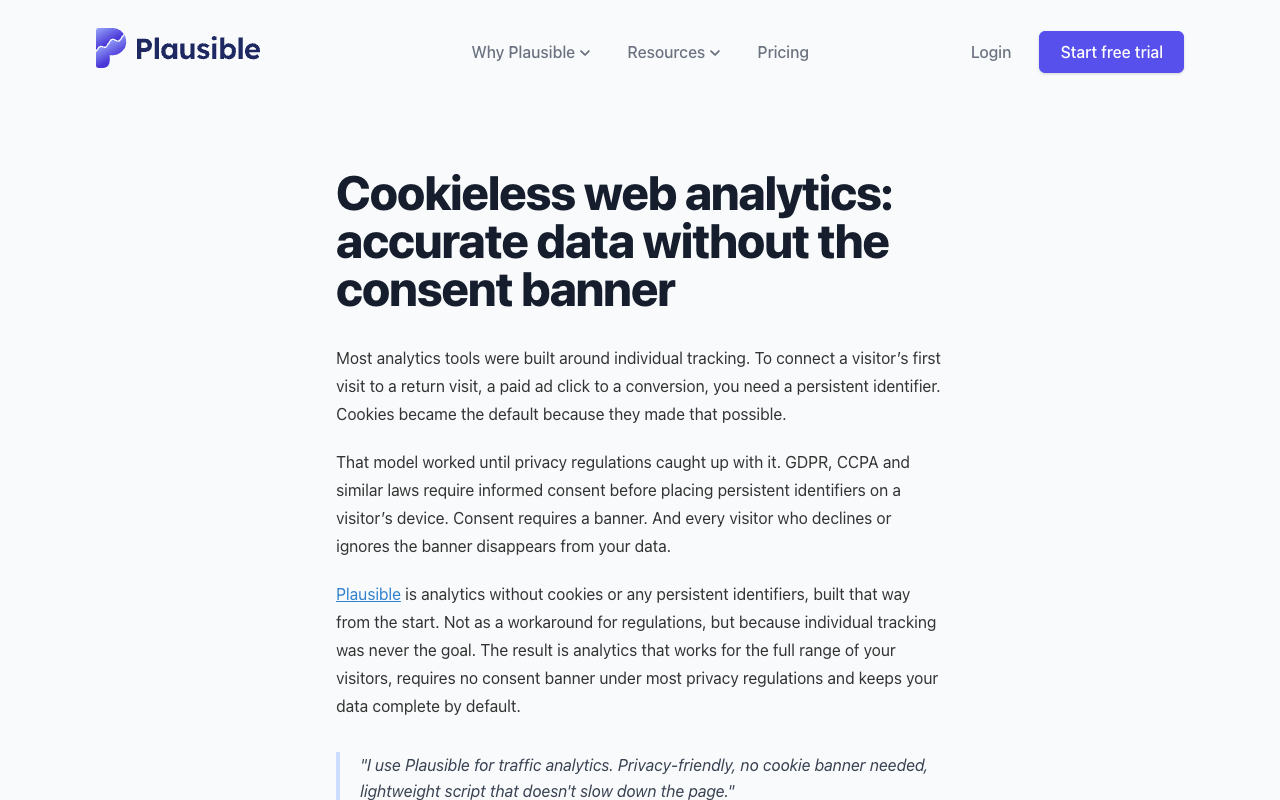 Plausible Analytics cookieless web analytics page explaining data collection without cookies or persistent identifiers