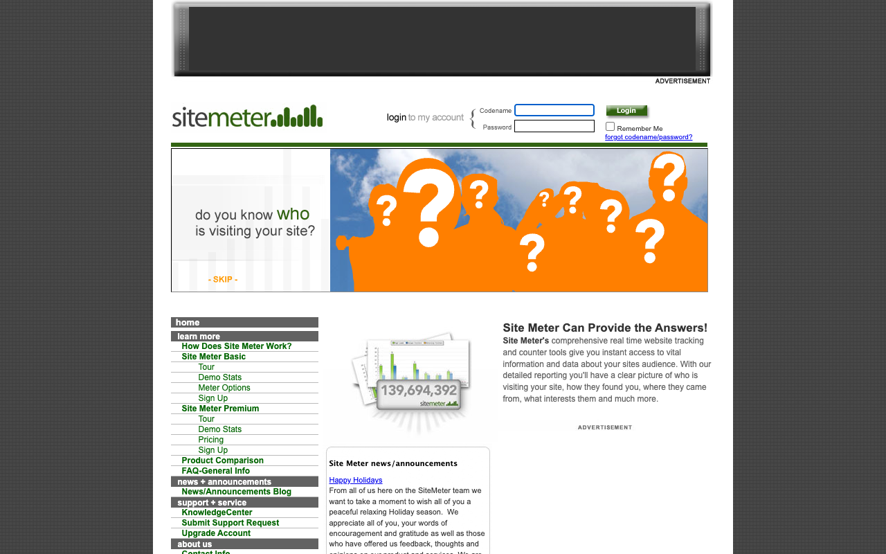 SiteMeter homepage in 2008, from the Internet Archive Wayback Machine