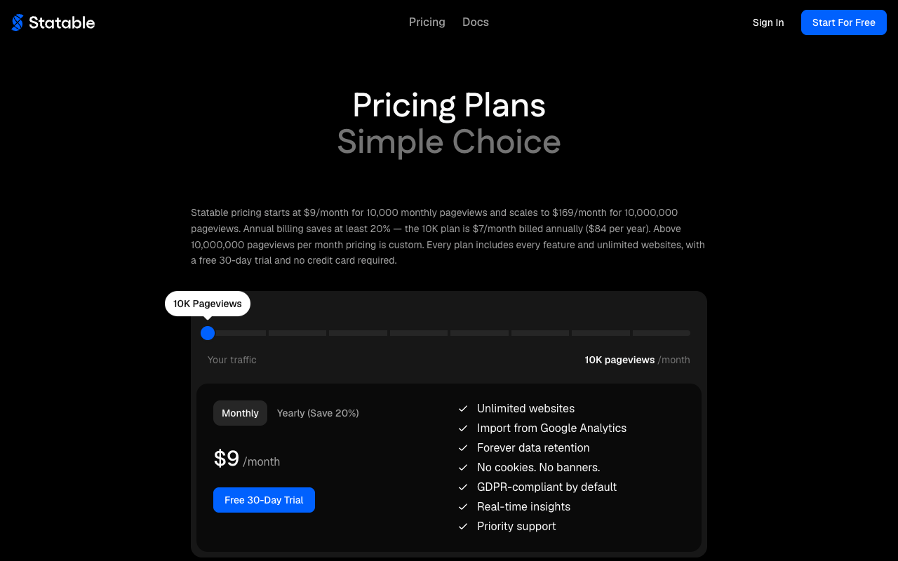 Statable pricing page with a traffic slider and the $9 per month plan for 10K pageviews