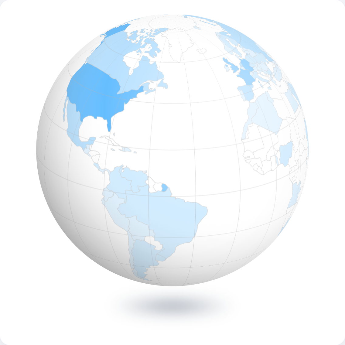 Statable 3D globe widget with country shading, graticule lines, and lighting, showing the Americas, Europe, and Africa