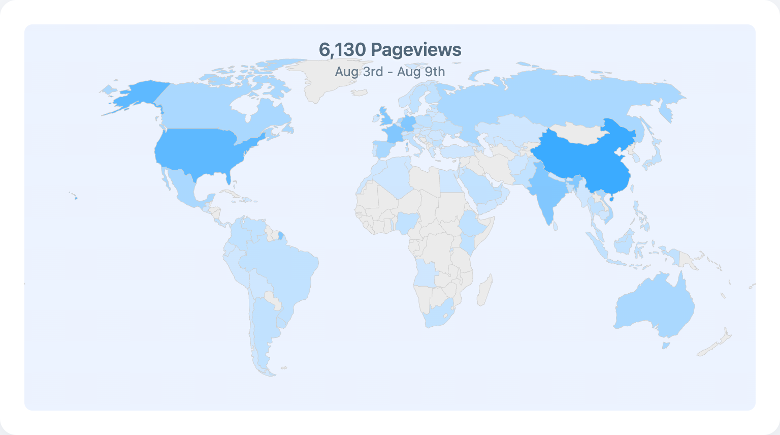 Statable visitor map widget rendering a choropleth world map with 6,130 pageviews over the last seven days
