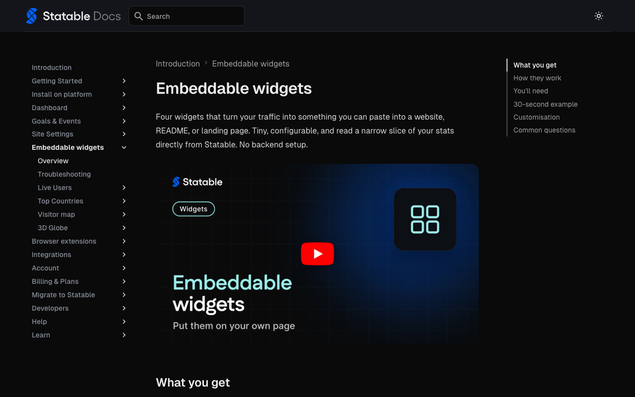 Statable documentation for embeddable live widgets including live users, visitor map, and 3D globe