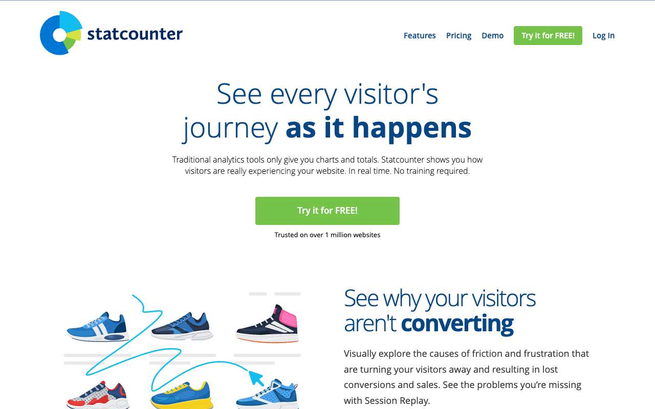 StatCounter homepage — free plan with 5,000 sessions per month and an optional invisible counter