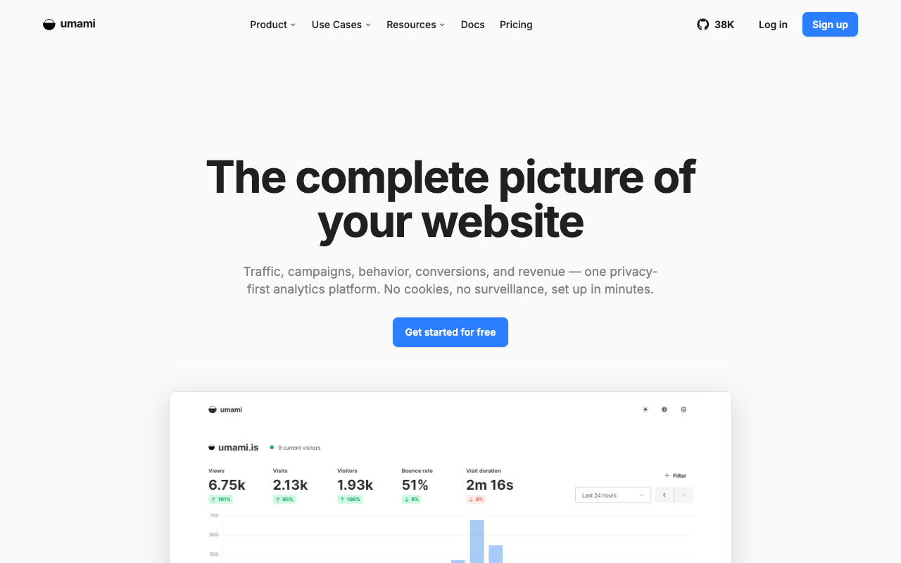 Umami homepage presenting its open-source, cookie-free website analytics dashboard